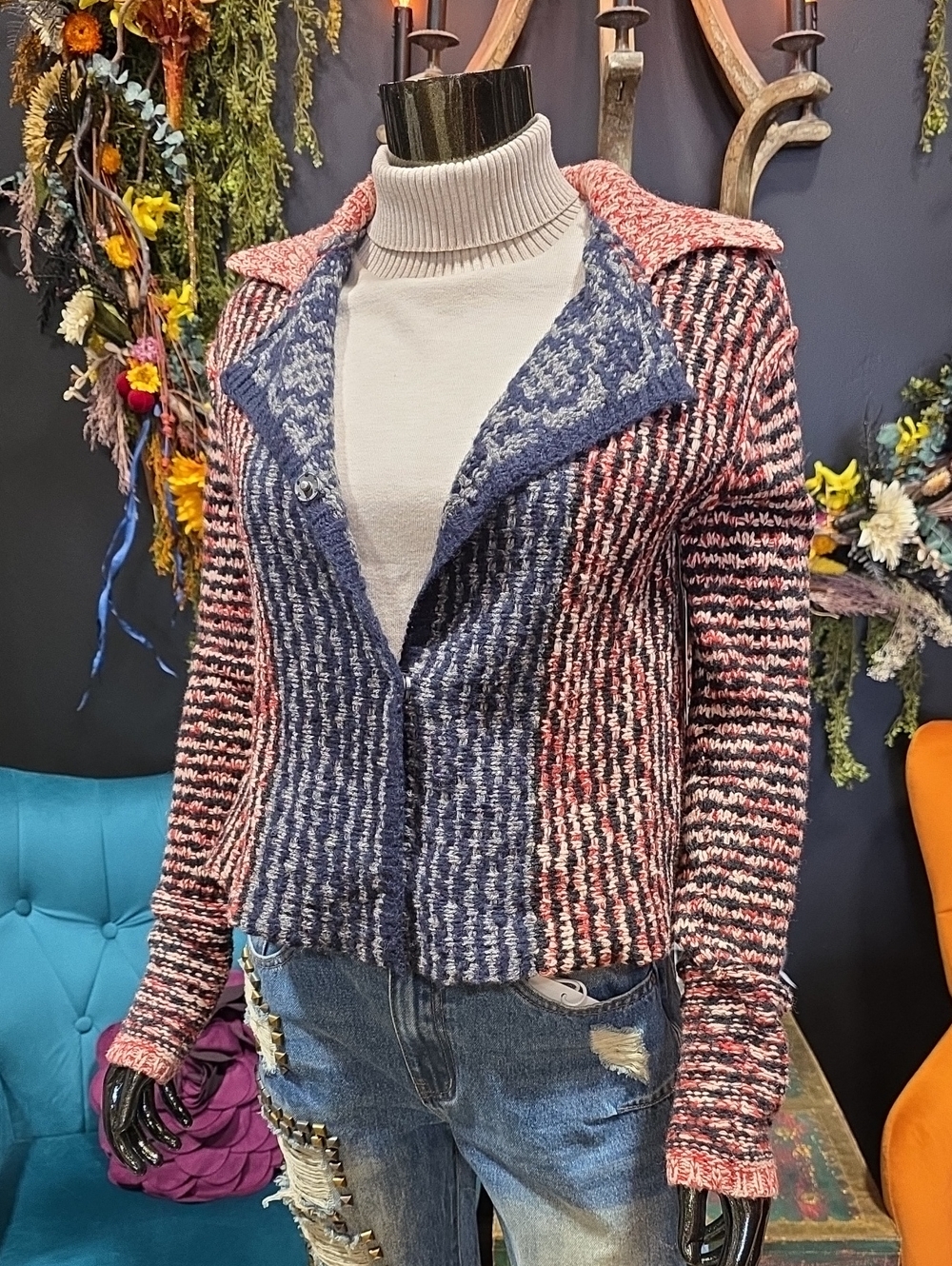 Free People Color Block Knit Sweater  in Blue & Red Panels w/ Split Back Design